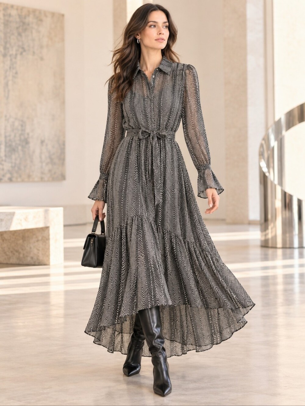 NWT Calvin Klein Sheer Chiffon High Low Maxi Geometric Black 6 Romantic Preppy